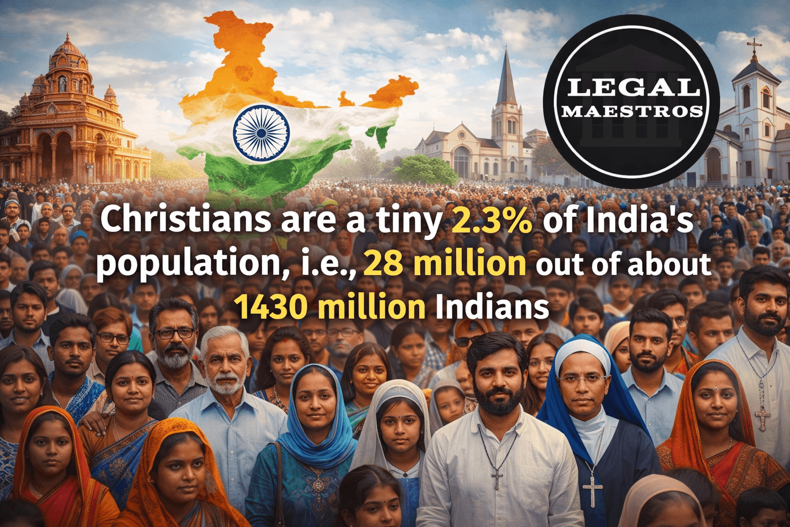 Christians are a tiny 2.3% of India's population, i.e. 28 million out of about 1430 million Indians