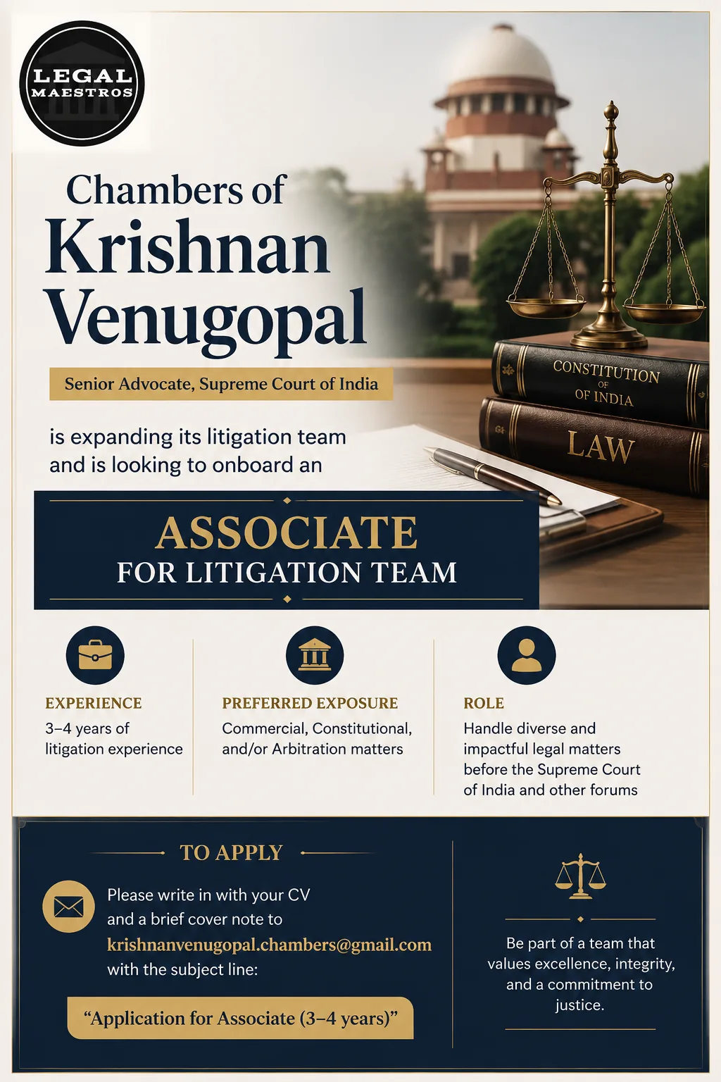 Chambers of Krishnan Venugopal, Senior Advocate Hiring Associate for Litigation Team