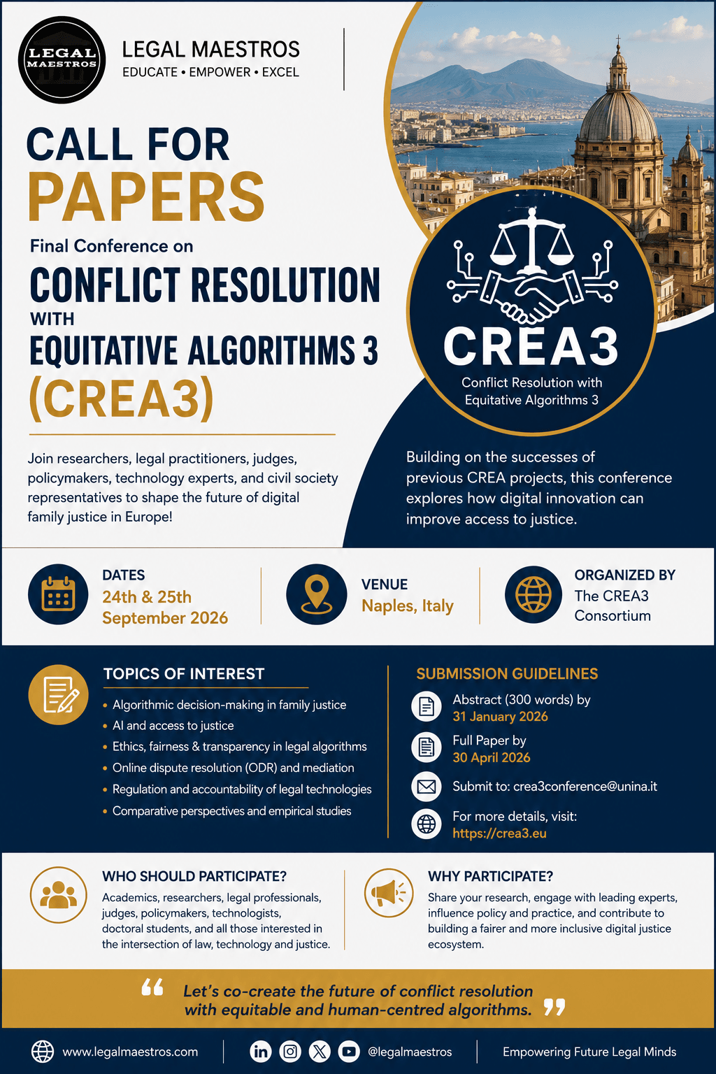 Call for Papers: Final Conference on Conflict Resolution with Equitative Algorithms 3 (CREA3) in Italy