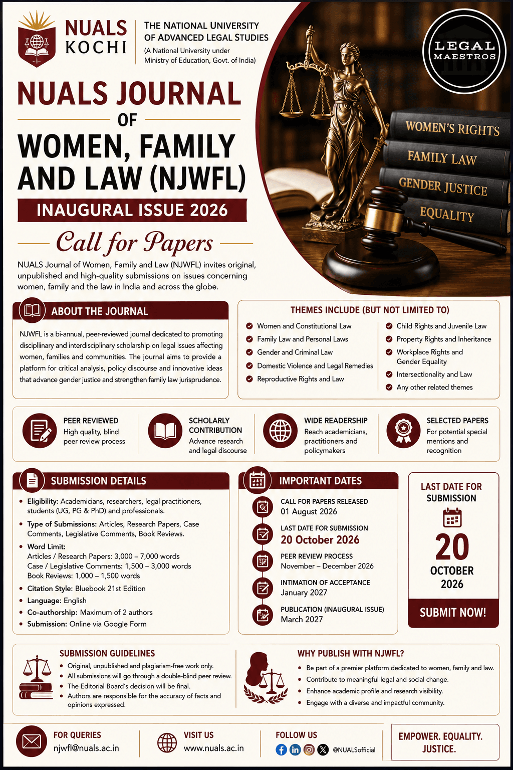 NUALS Journal of Women, Family and Law (NJWFL) Call for Papers 2026 [Inaugural Issue]: Submit by October 20!