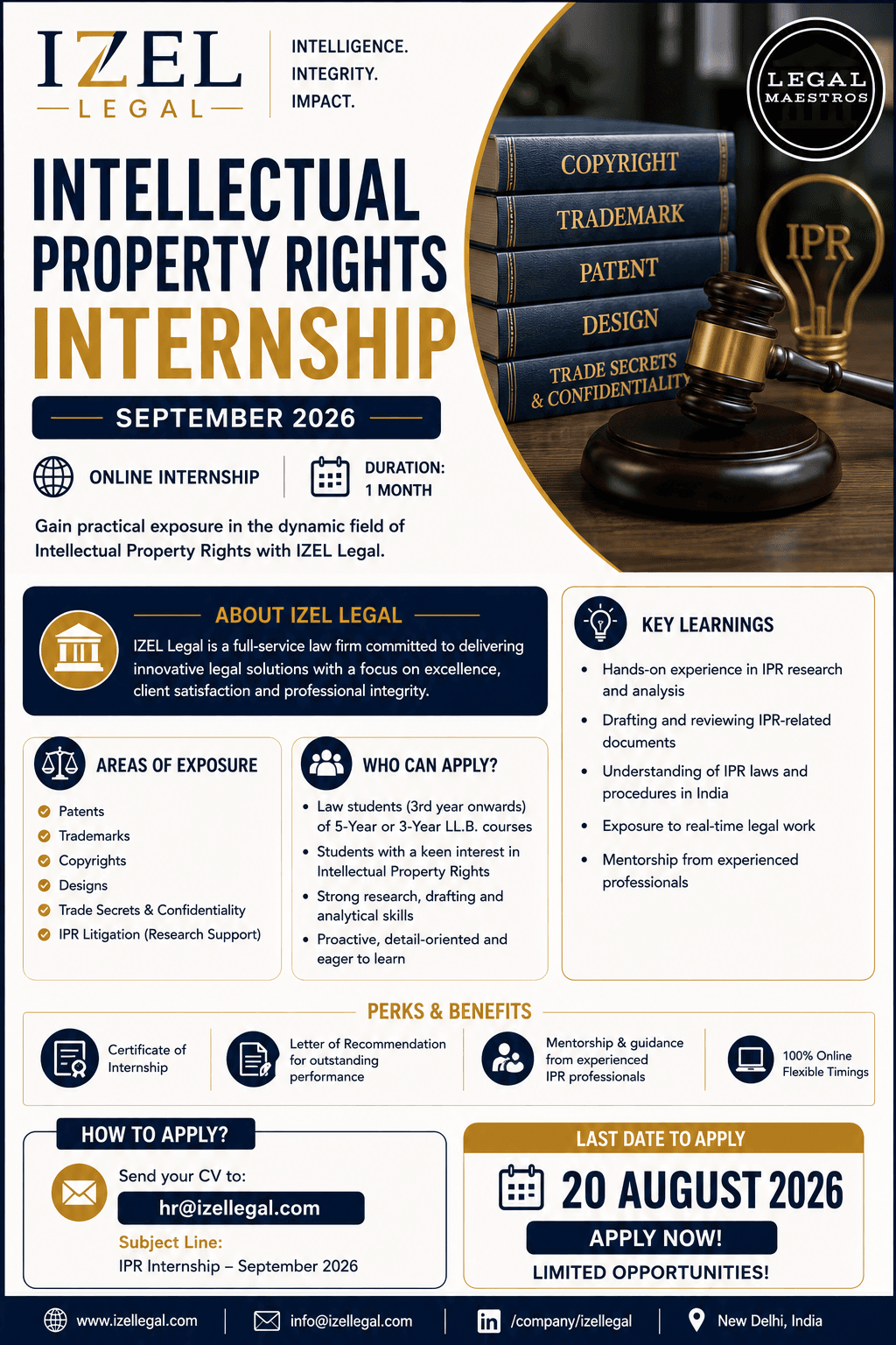 Intellectual Property Rights Internship at IZEL Legal [Online | September 2026]: Apply by August 20!