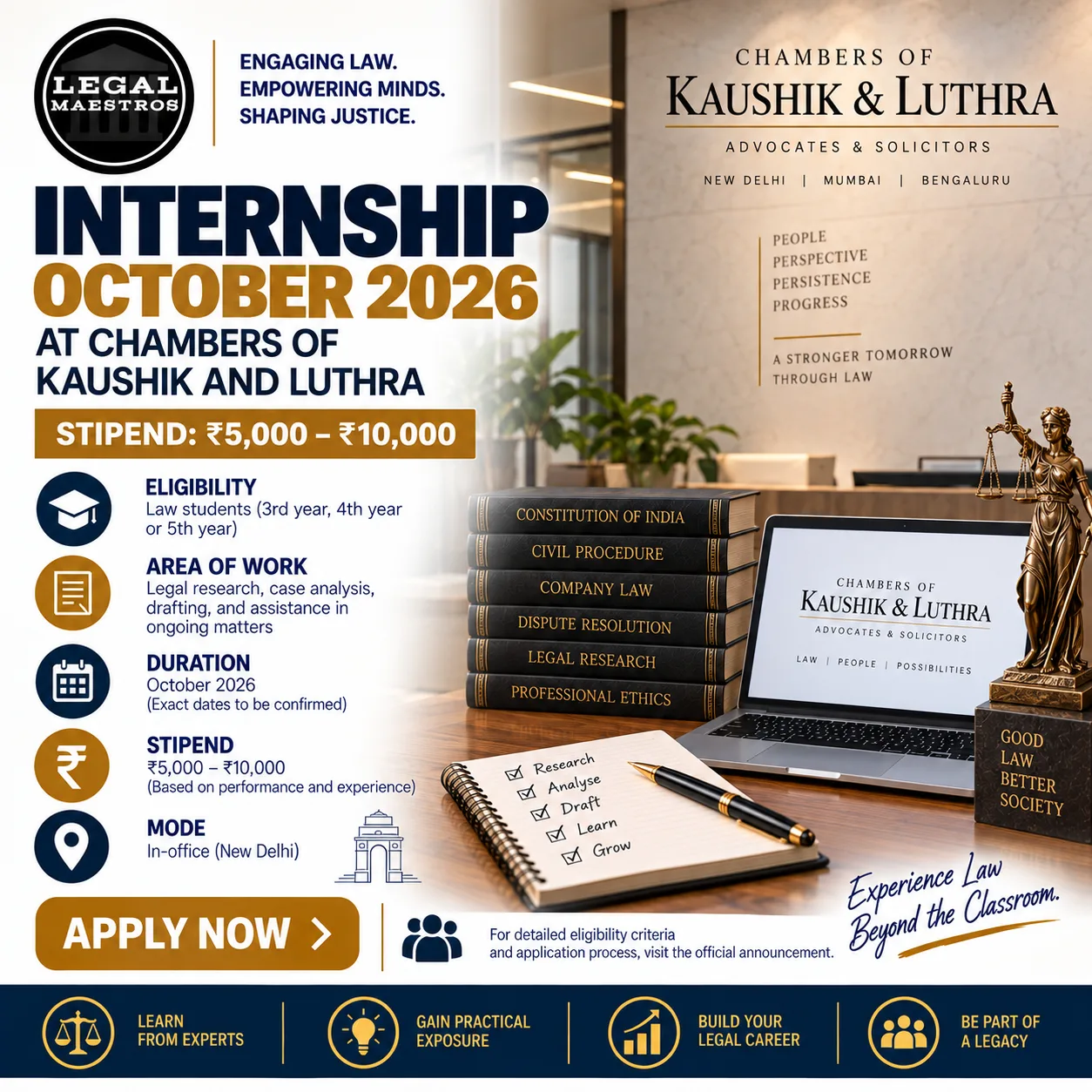 Chambers of Kaushik and Luthra Internship October 2026: Stipend ₹5,000–₹10,000, Eligibility & Application