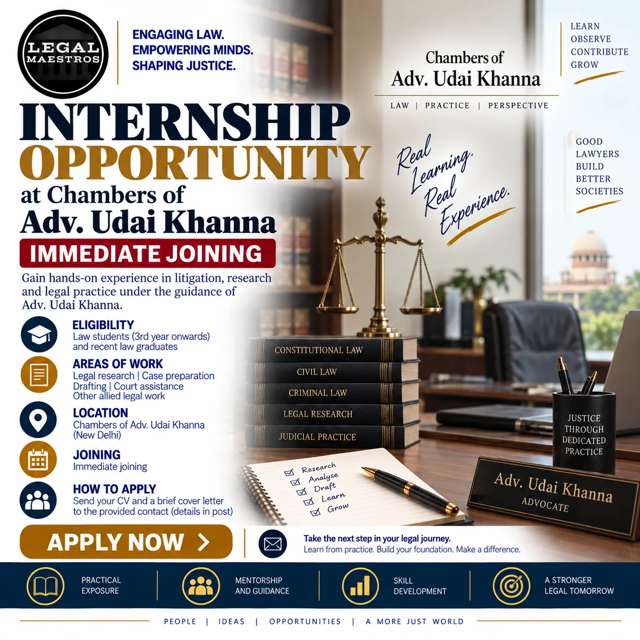 Internship Opportunity at Chambers of Adv. Udai Khanna: Immediate Joining