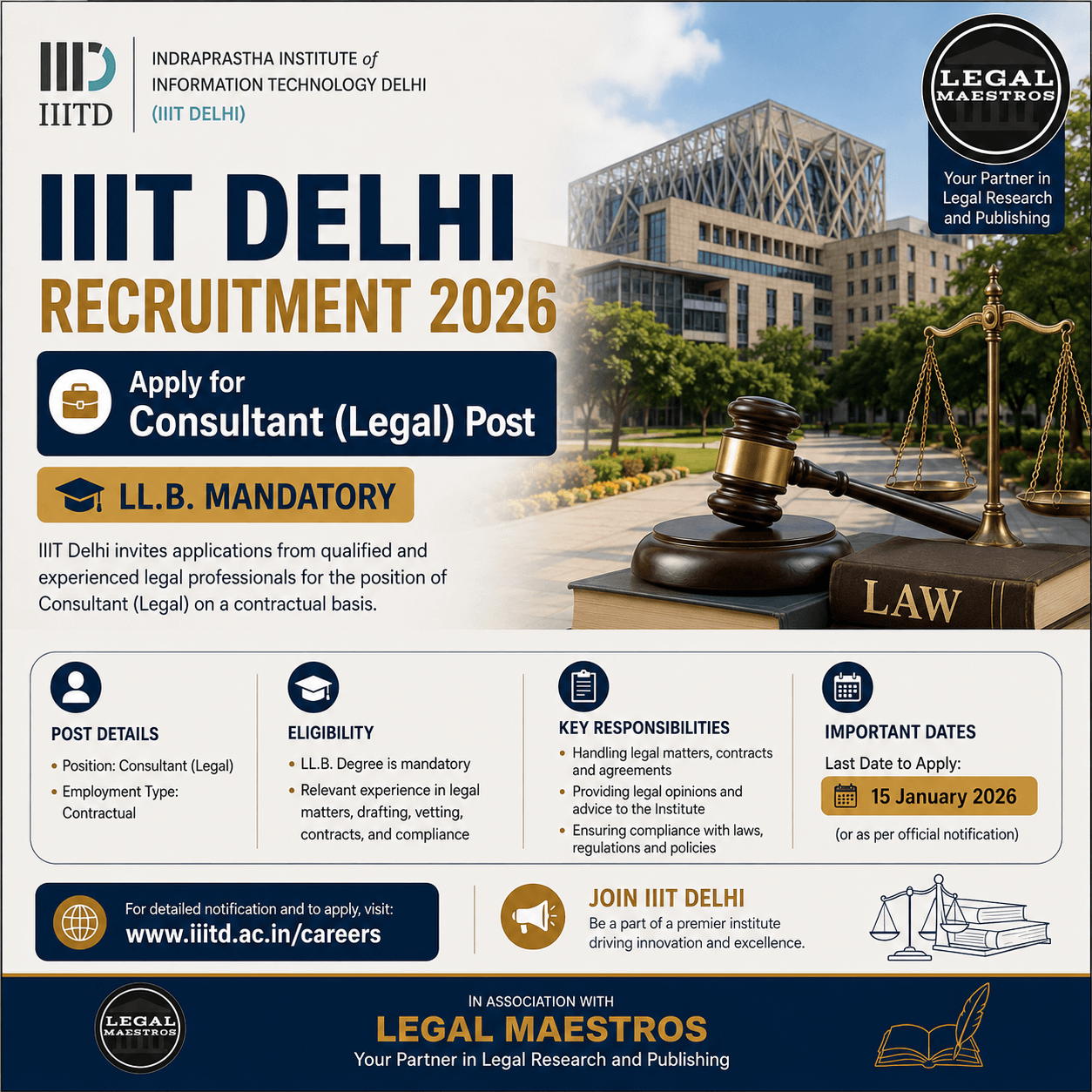 IIIT Delhi Recruitment 2026: Apply for Consultant (Legal) Post, LL.B. Mandatory
