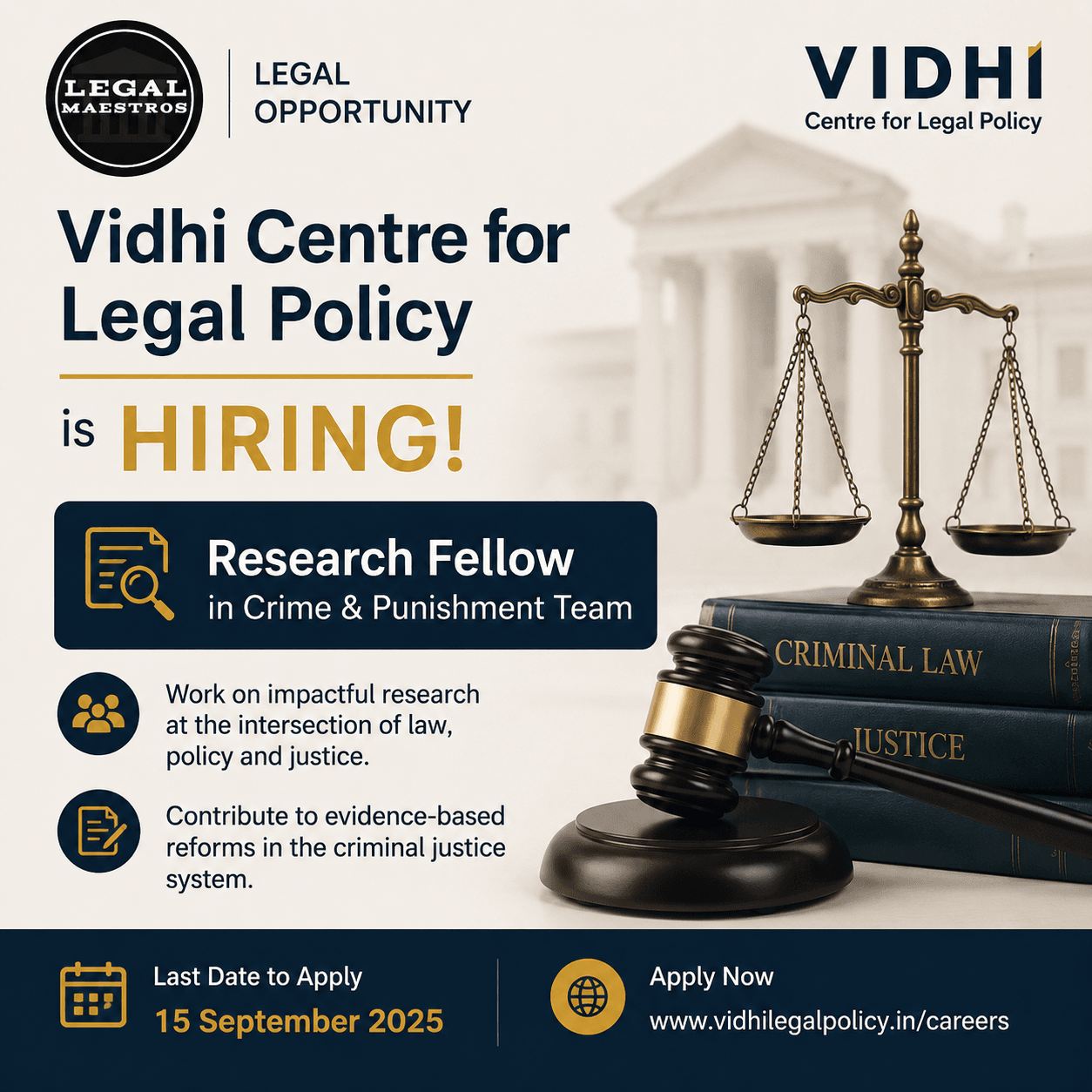 Vidhi Centre for Legal Policy Hiring Research Fellow in Crime & Punishment Team; Apply by September 15