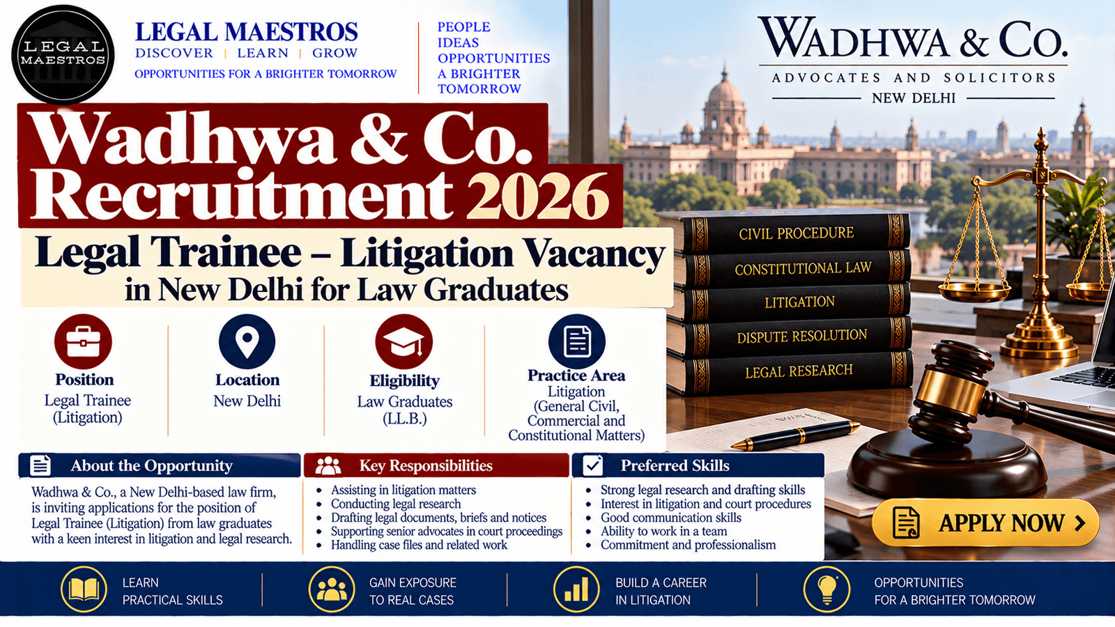 Wadhwa & Co. Recruitment 2026: Legal Trainee Litigation Vacancy in New Delhi for Law Graduates