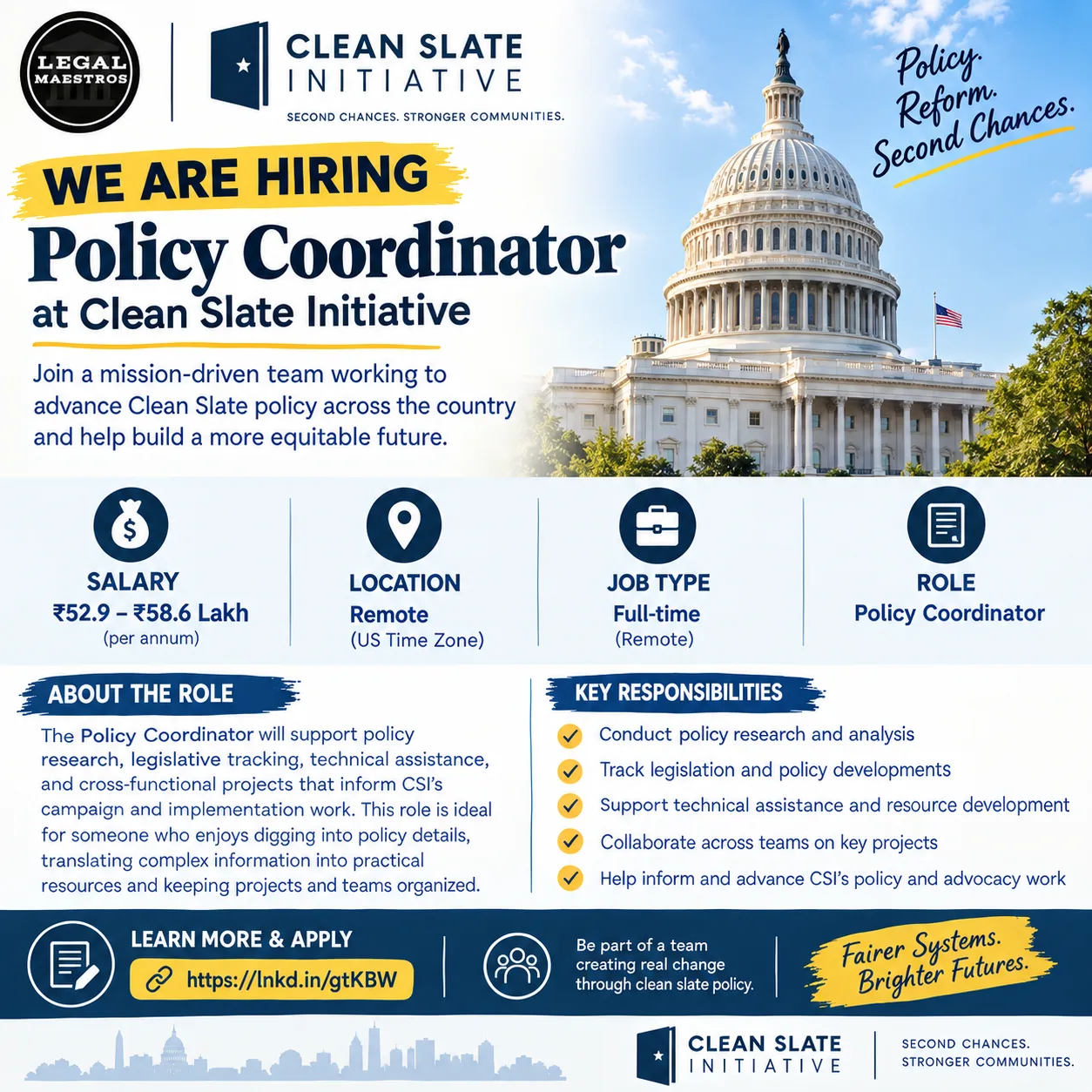 Clean Slate Initiative Hiring Policy Coordinator at ₹52.9–₹58.6 Lakh Salary | Remote Policy Job in the US