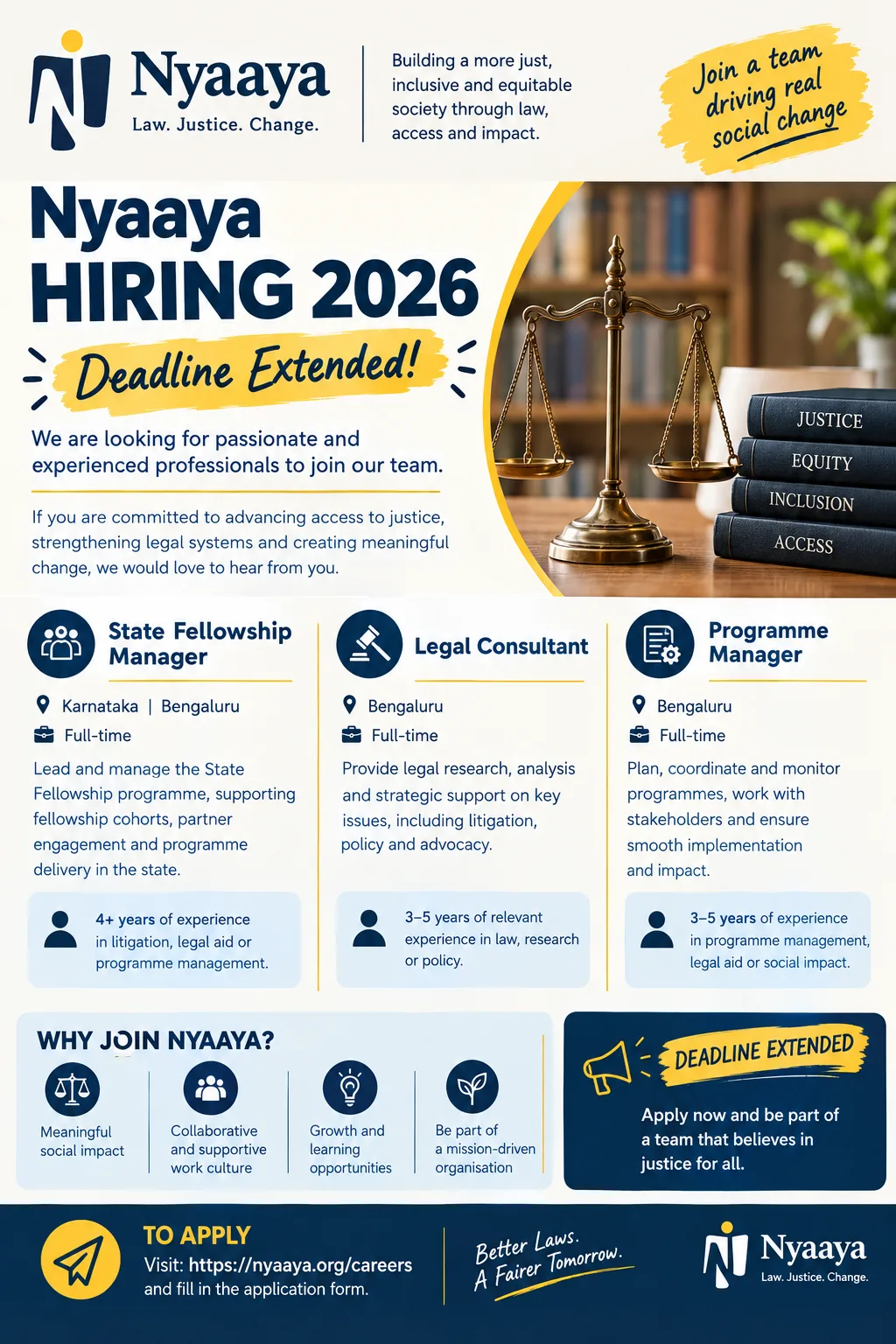 Nyaaya Hiring 2026: State Fellowship Manager, Legal Consultant and Programme Manager | Deadline Extended